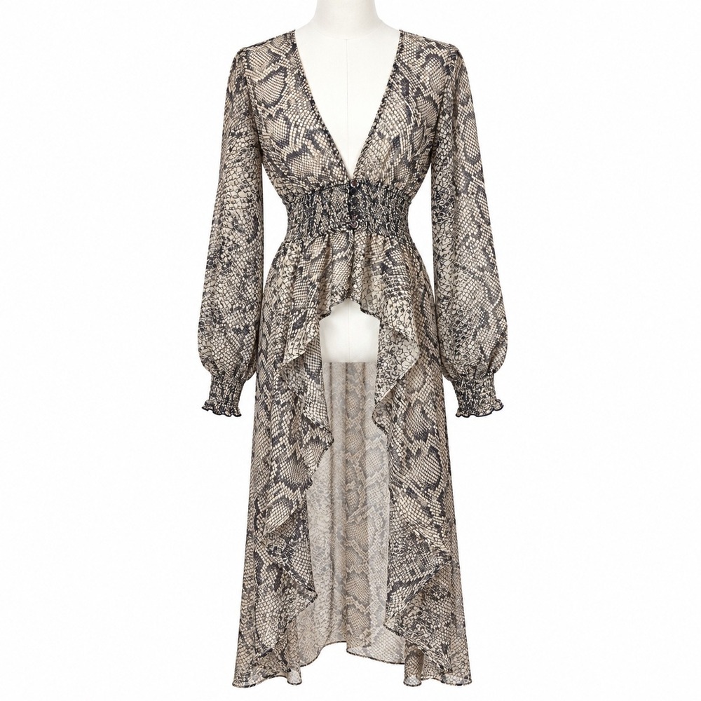 Live 4 Truth Snakeskin Print High Low Maxi Dress Smocked Waist Boho Duster - Picture 2 of 7